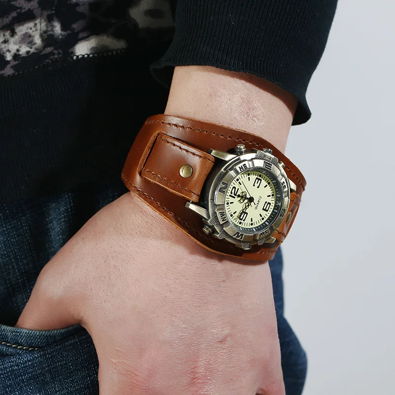 Retro Genuine Leather Strap Watch Men Punk Style Quartz Cuff Watch Wristwatches Bracelet Unusual Wrist Watch thumbnail 6