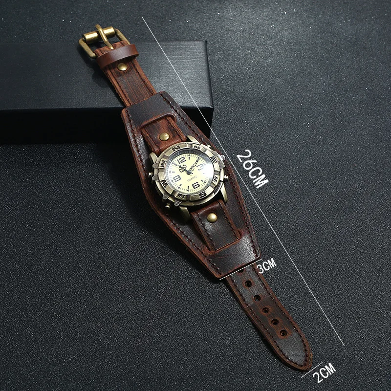 Retro Genuine Leather Strap Watch Men Punk Style Quartz Cuff Watch Wristwatches Bracelet Unusual Wrist Watch thumbnail 5