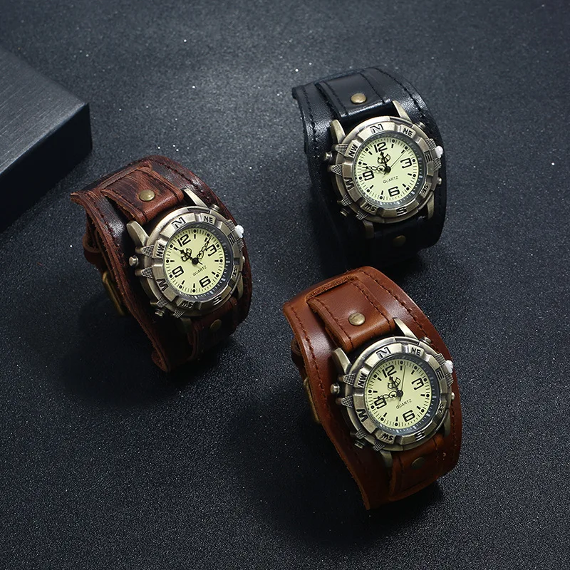 Retro Genuine Leather Strap Watch Men Punk Style Quartz Cuff Watch Wristwatches Bracelet Unusual Wrist Watch thumbnail 3