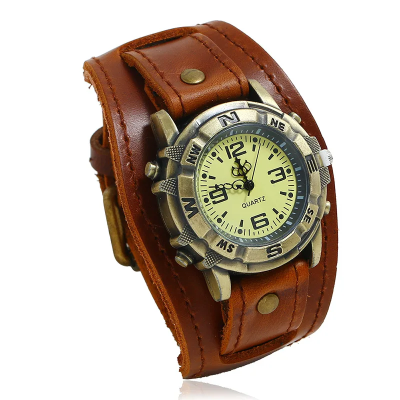 Retro Genuine Leather Strap Watch Men Punk Style Quartz Cuff Watch Wristwatches Bracelet Unusual Wrist Watch