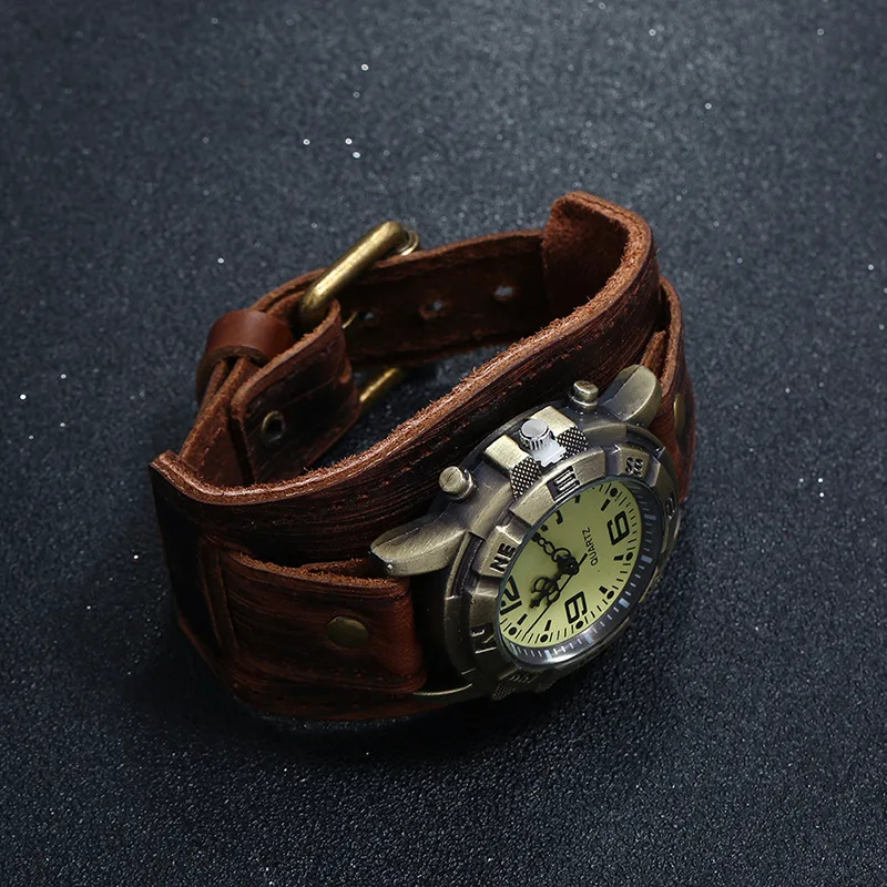 Retro Genuine Leather Strap Watch Men Punk Style Quartz Cuff Watch Wristwatches Bracelet Unusual Wrist Watch thumbnail 4