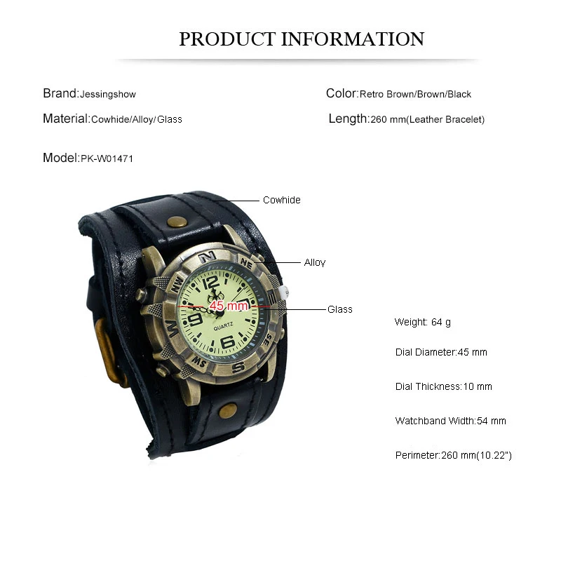 Retro Genuine Leather Strap Watch Men Punk Style Quartz Cuff Watch Wristwatches Bracelet Unusual Wrist Watch thumbnail 2