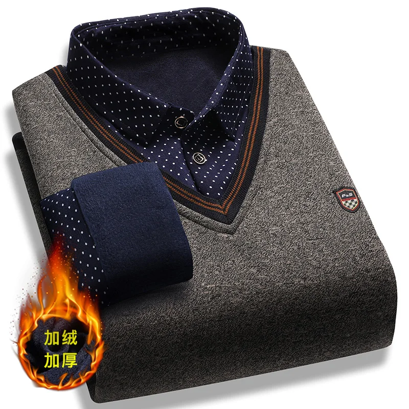 Men's Pullover with Collar Fleece Polo Shirts Long Sleeve Clothing Vintage Smart Casual Knitted Sweaters Warm thumbnail 6