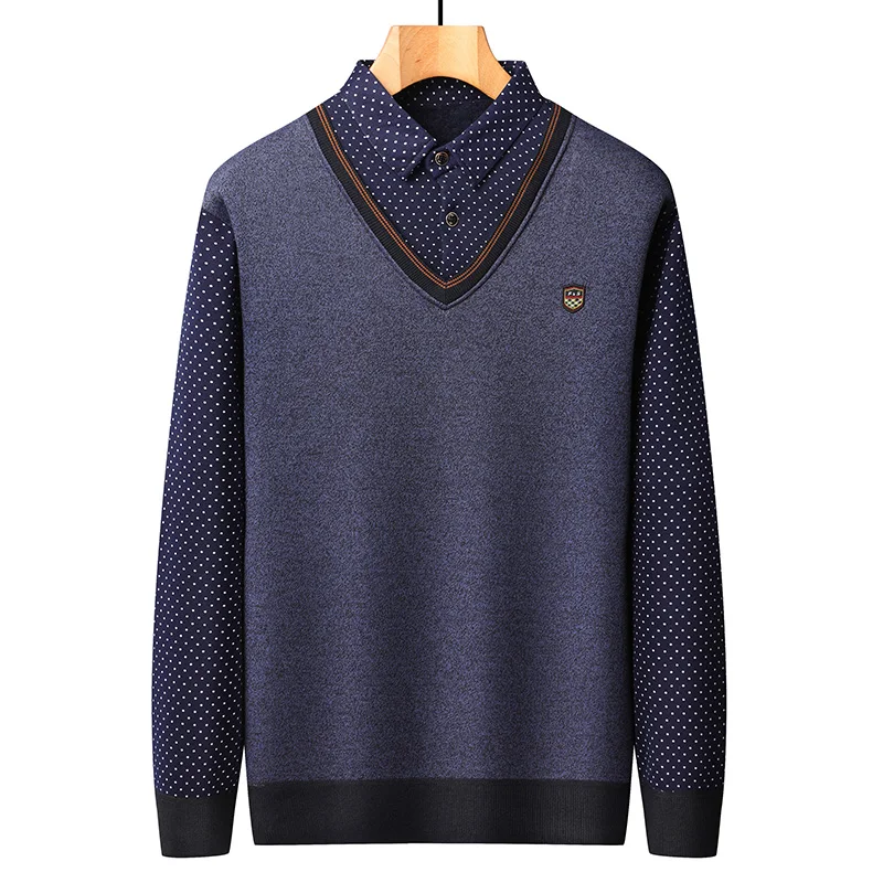 Men's Pullover with Collar Fleece Polo Shirts Long Sleeve Clothing Vintage Smart Casual Knitted Sweaters Warm
