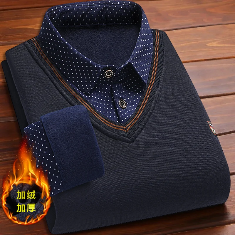 Men's Pullover with Collar Fleece Polo Shirts Long Sleeve Clothing Vintage Smart Casual Knitted Sweaters Warm thumbnail 3
