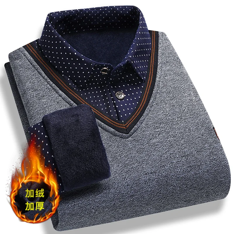 Men's Pullover with Collar Fleece Polo Shirts Long Sleeve Clothing Vintage Smart Casual Knitted Sweaters Warm thumbnail 5