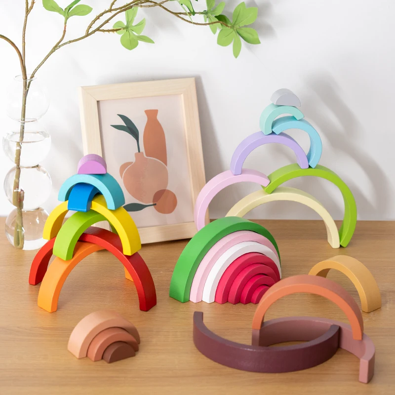 Arch Bridge Rainbow Wooden Building Blocks Stacking Games Color Cognitive Kids Montessori Educational Wood Toys for Children thumbnail 2