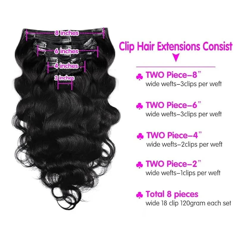 Body Wave 100% Brazilian Clip in Hair Extensions Human Hair 8Pcs Remy Hair Extensions Clip ins For Women with 18Clips 120g thumbnail 2