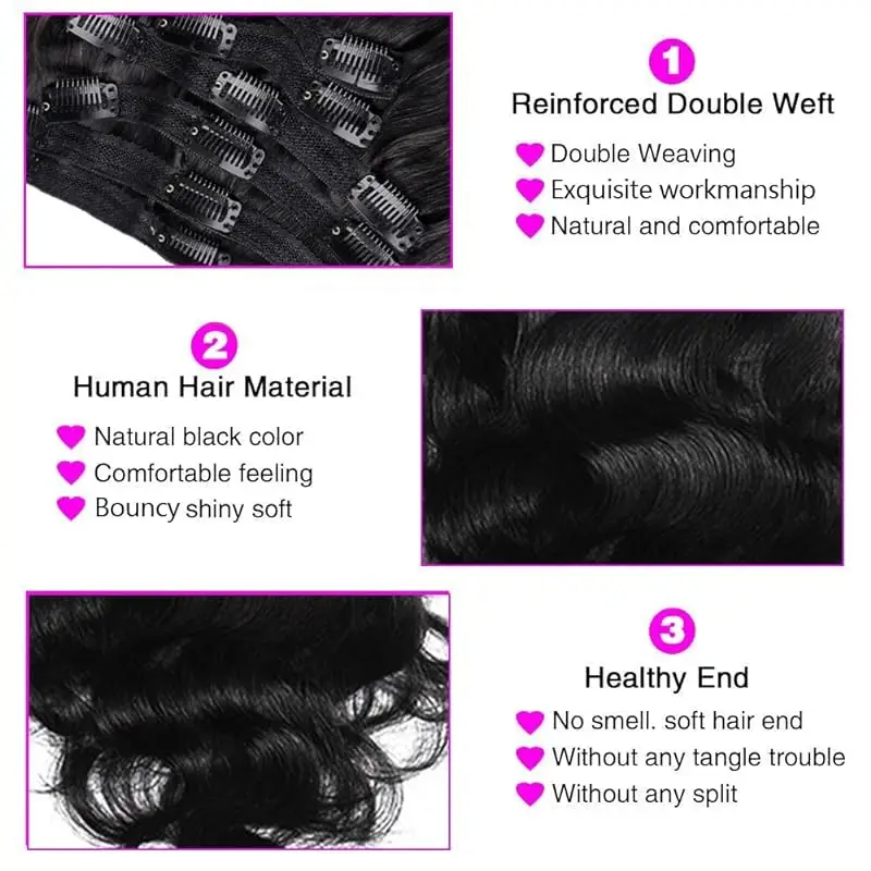 Body Wave 100% Brazilian Clip in Hair Extensions Human Hair 8Pcs Remy Hair Extensions Clip ins For Women with 18Clips 120g thumbnail 3