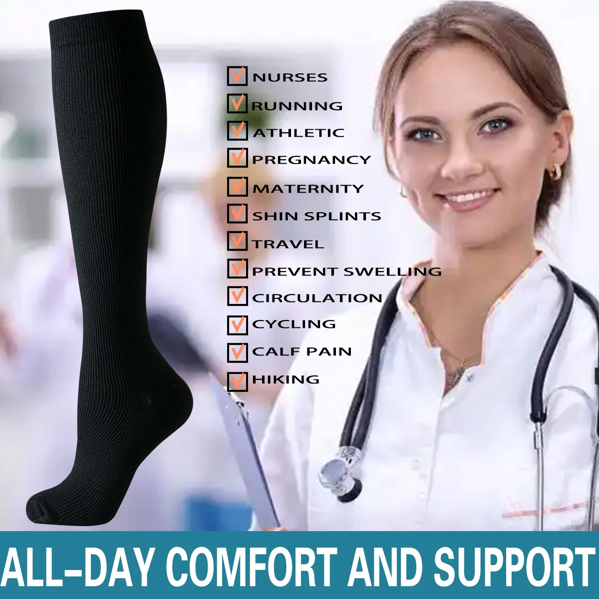 6 Pairs Solid Color Compression Socks Nurse Compression Socks Black Skin Color thumbnail 6