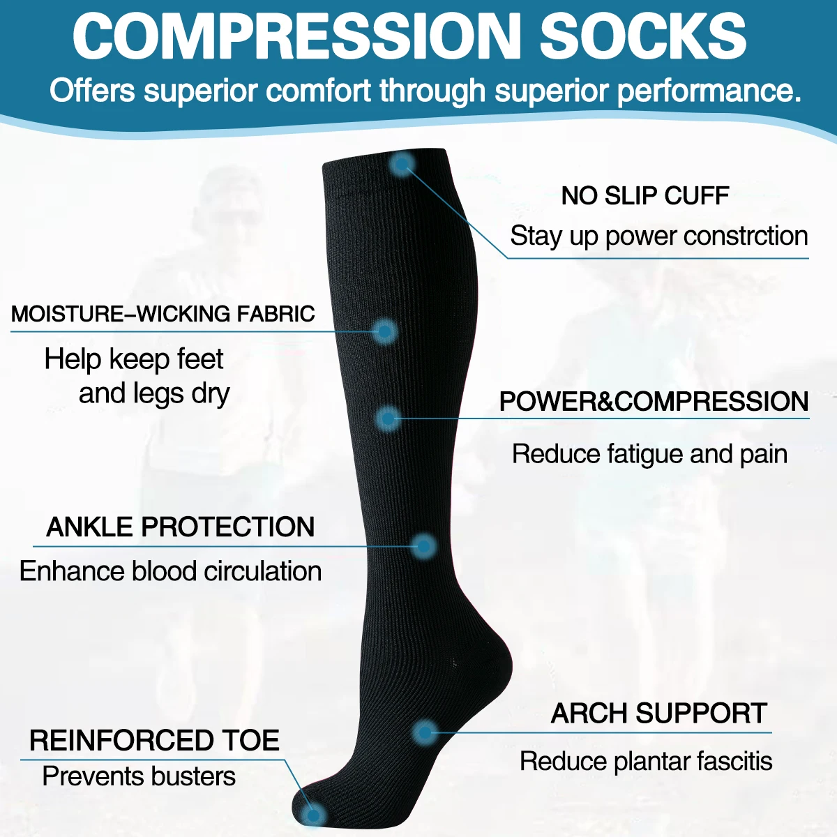 6 Pairs Solid Color Compression Socks Nurse Compression Socks Black Skin Color thumbnail 5