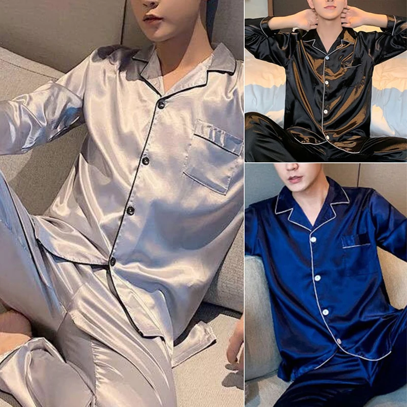 Men's Lapel Long-Sleeved Cardigan Pajamas Men Korean Version of the Solid Colour Casual Men's Silk Home Clothing thumbnail 6