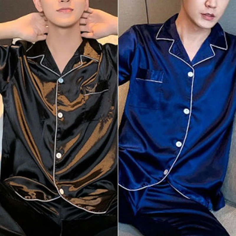 Men's Lapel Long-Sleeved Cardigan Pajamas Men Korean Version of the Solid Colour Casual Men's Silk Home Clothing thumbnail 5