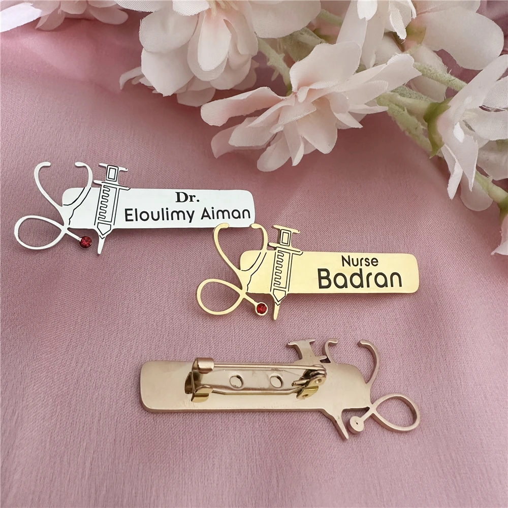 Custom stethoscope, syringe meaning nurse personalized name Brooch For Doctor Nurses  Stainless Steel Custom Professional Brooch thumbnail 6