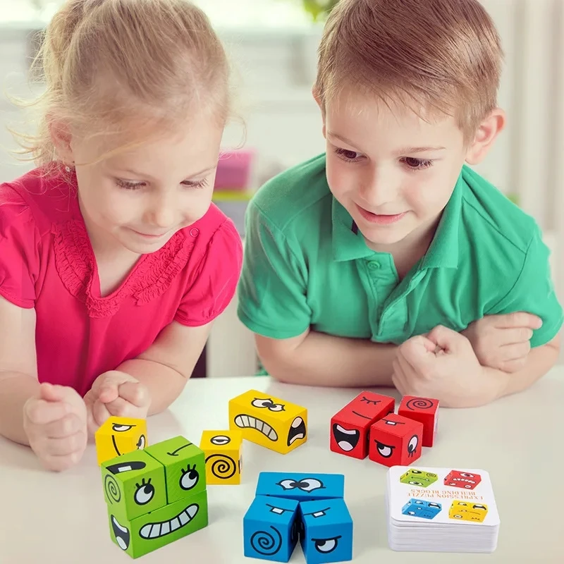 Cube Face Change Building Blocks Board Game Wood Puzzle Montessori Expression Wooden Blocks Blocos For Children Kids Toys Gift thumbnail 2