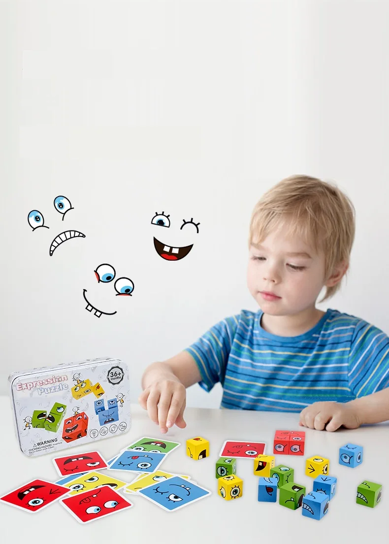 Cube Face Change Building Blocks Board Game Wood Puzzle Montessori Expression Wooden Blocks Blocos For Children Kids Toys Gift thumbnail 5