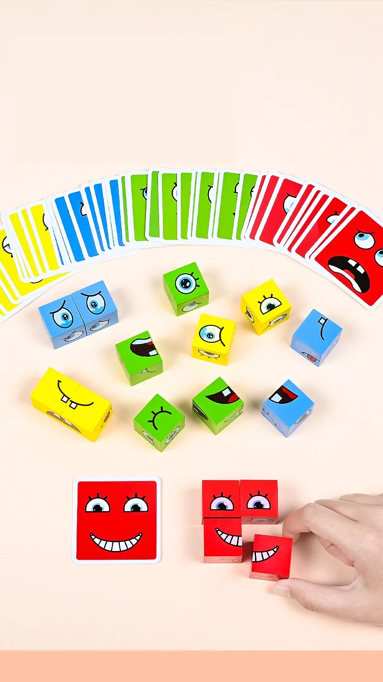 Cube Face Change Building Blocks Board Game Wood Puzzle Montessori Expression Wooden Blocks Blocos For Children Kids Toys Gift thumbnail 4