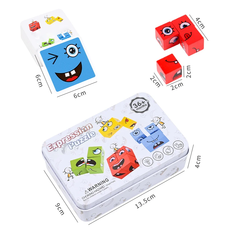 Cube Face Change Building Blocks Board Game Wood Puzzle Montessori Expression Wooden Blocks Blocos For Children Kids Toys Gift thumbnail 6