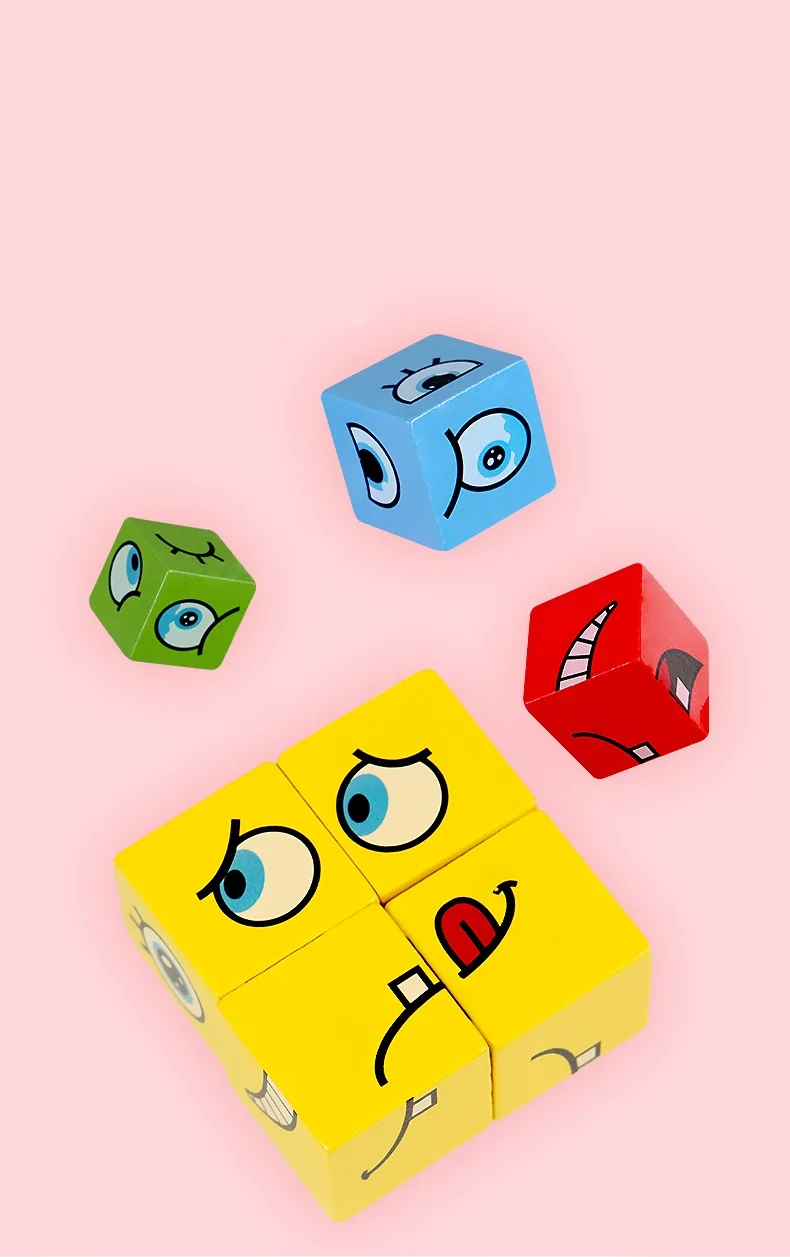 Cube Face Change Building Blocks Board Game Wood Puzzle Montessori Expression Wooden Blocks Blocos For Children Kids Toys Gift thumbnail 3