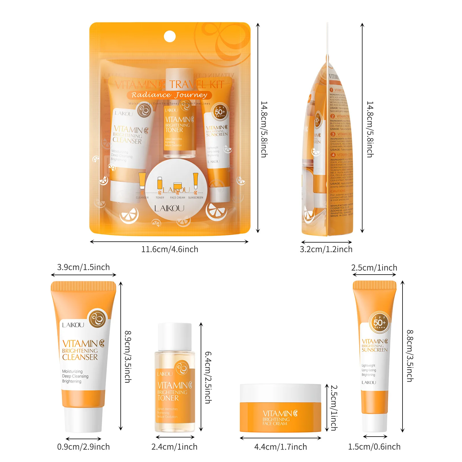 4pcs Vitamin C Skin Care Sets Face Cream Facial Cleanser Essence Spf 50+ VC Sunscreen Moisturizing Refresh Face Care travel Suit thumbnail 6