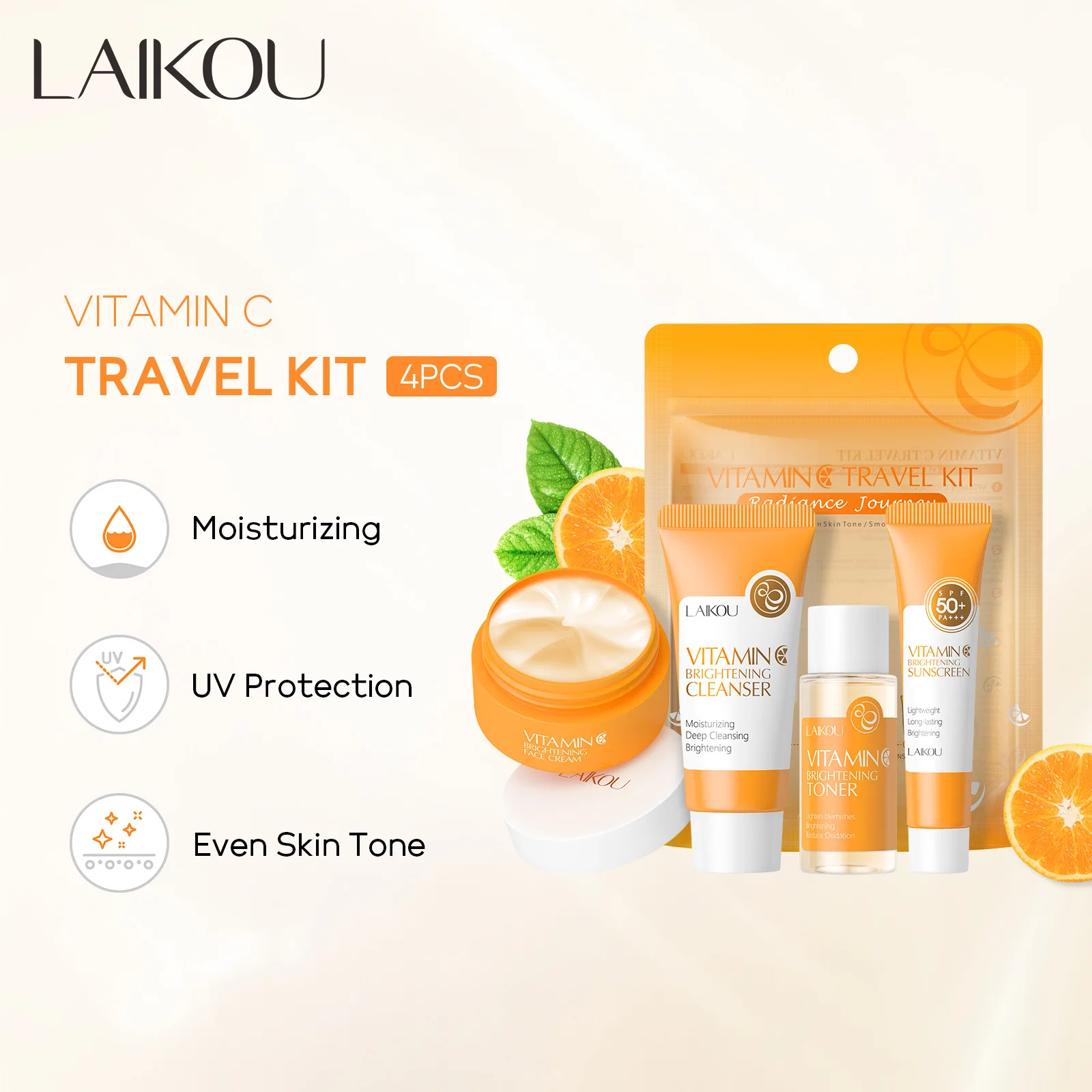 4pcs Vitamin C Skin Care Sets Face Cream Facial Cleanser Essence Spf 50+ VC Sunscreen Moisturizing Refresh Face Care travel Suit thumbnail 2