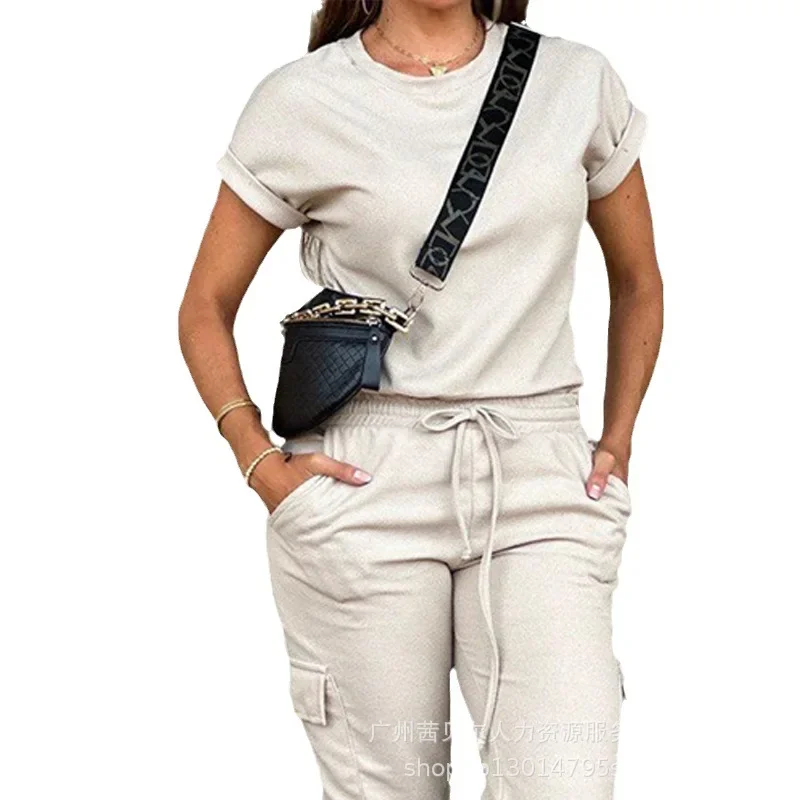 Women's Matching Set Clothing Solid Color Round Neck Short Sleeve T Shirt Top Multi-Pocket Cargo Pants Clothes Set thumbnail 5
