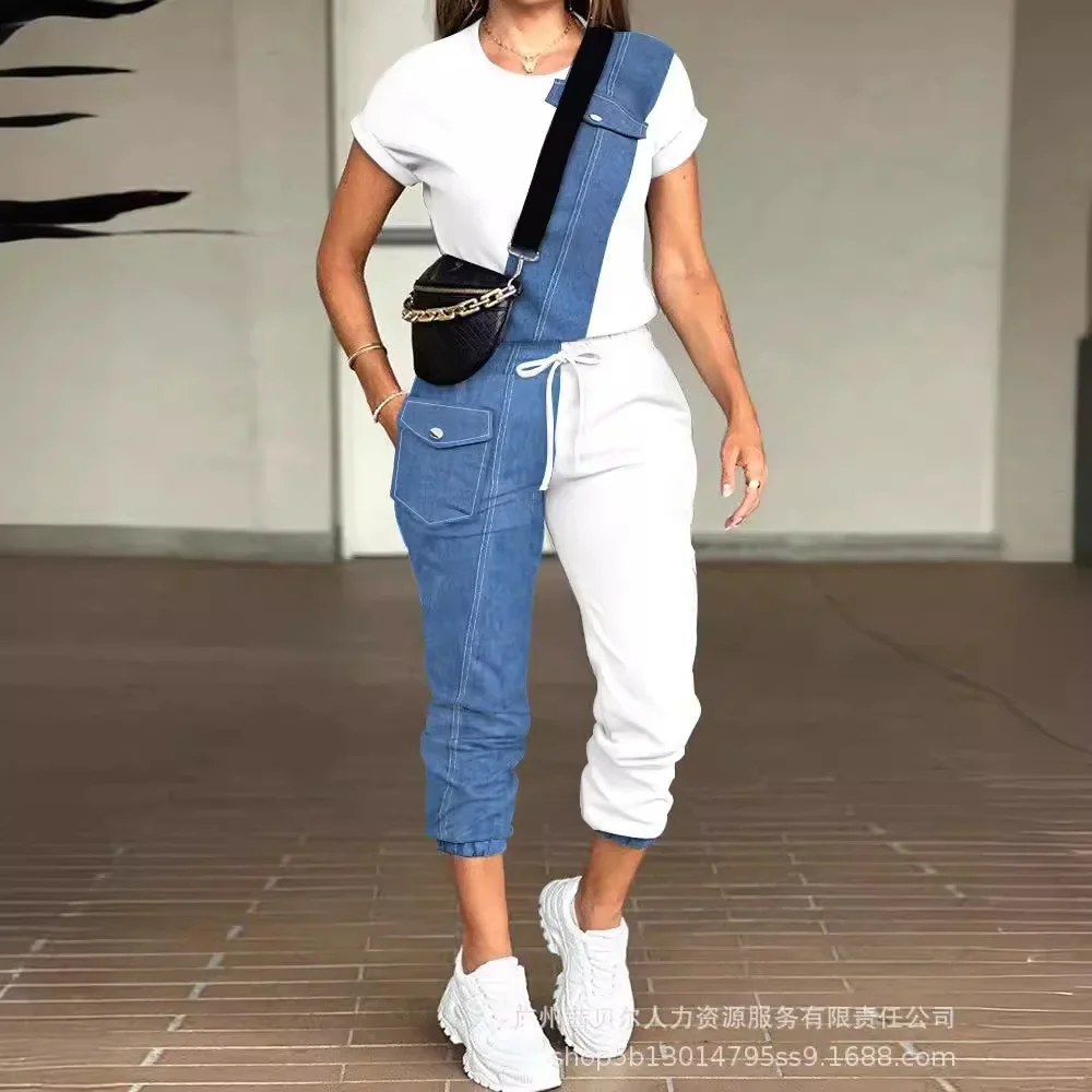 Women's Matching Set Clothing Solid Color Round Neck Short Sleeve T Shirt Top Multi-Pocket Cargo Pants Clothes Set thumbnail 2