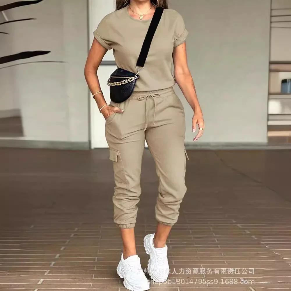Women's Matching Set Clothing Solid Color Round Neck Short Sleeve T Shirt Top Multi-Pocket Cargo Pants Clothes Set thumbnail 3
