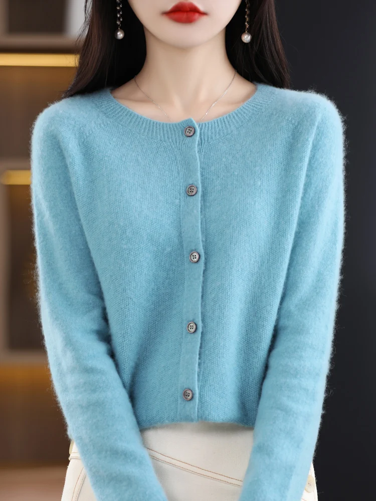Women Cashmere Sweater 100% Merino Wool Knitted Cardigan Autumn Winter  Knitwear O-Neck Female  Solid Color Casual Fashion Top thumbnail 4