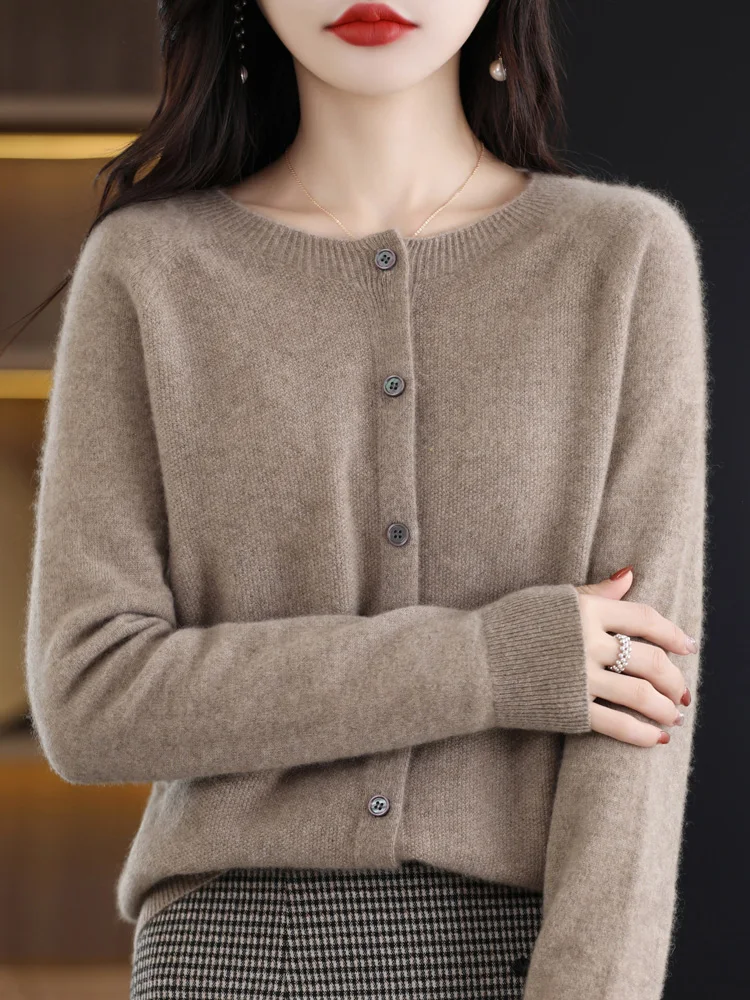 Women Cashmere Sweater 100% Merino Wool Knitted Cardigan Autumn Winter  Knitwear O-Neck Female  Solid Color Casual Fashion Top thumbnail 3