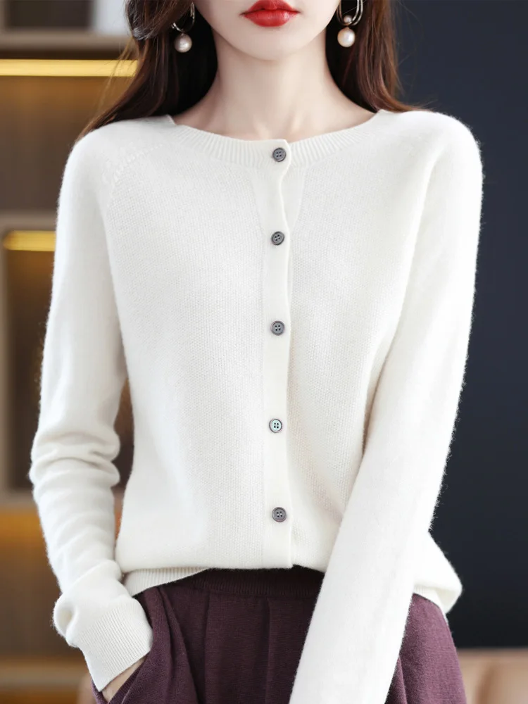 Women Cashmere Sweater 100% Merino Wool Knitted Cardigan Autumn Winter  Knitwear O-Neck Female  Solid Color Casual Fashion Top thumbnail 6
