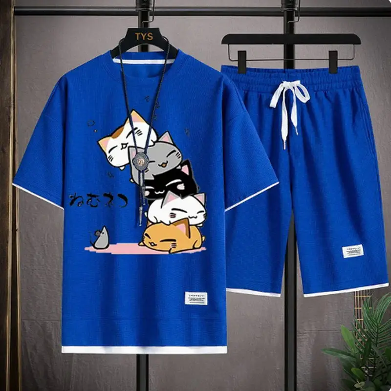2024 Men's Summer Waffle Set Brand Fashion Casual T-shirt+Shorts Set Men's Sports Set Loose ComfortableSlo Two-piece Set thumbnail 4