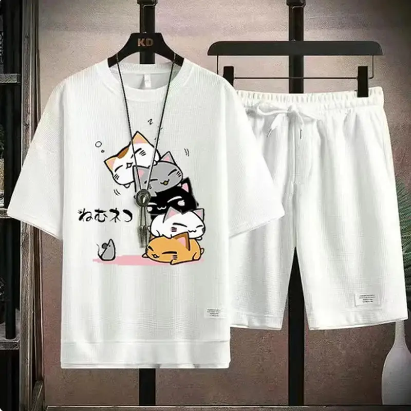 2024 Men's Summer Waffle Set Brand Fashion Casual T-shirt+Shorts Set Men's Sports Set Loose ComfortableSlo Two-piece Set thumbnail 3