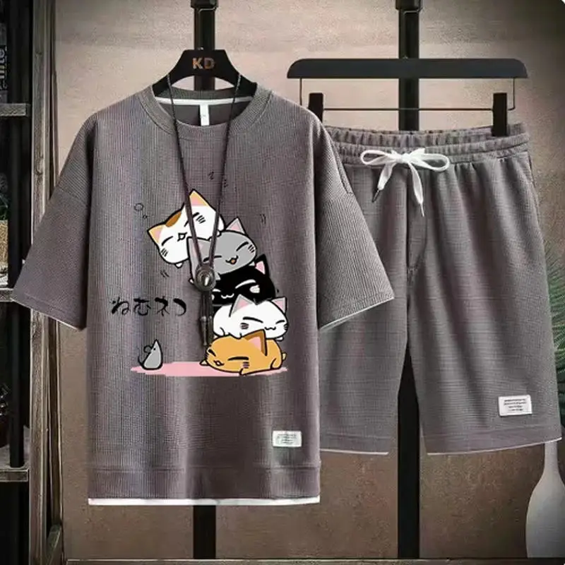 2024 Men's Summer Waffle Set Brand Fashion Casual T-shirt+Shorts Set Men's Sports Set Loose ComfortableSlo Two-piece Set thumbnail 2