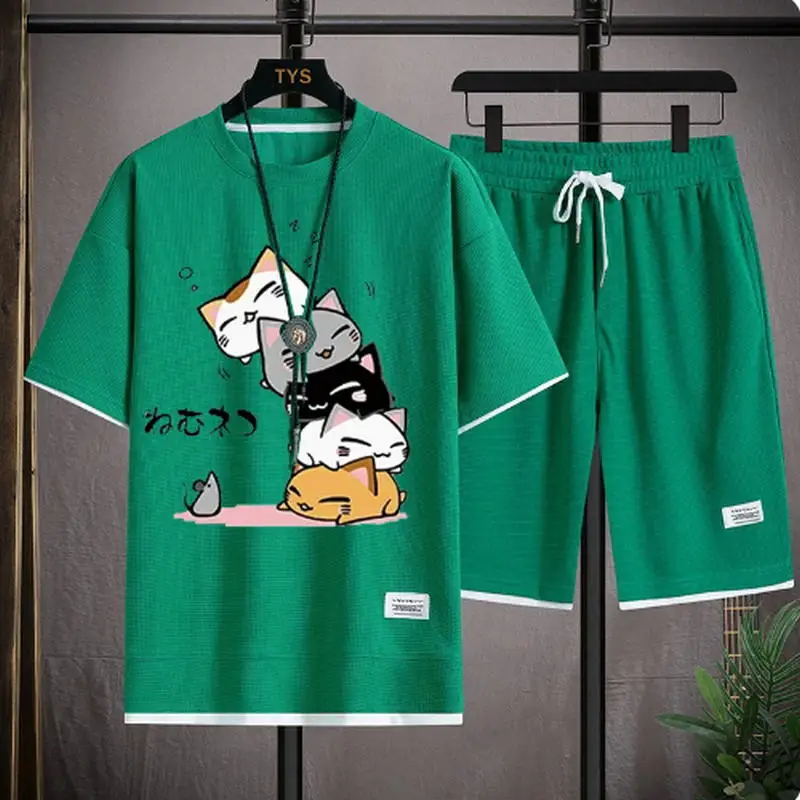 2024 Men's Summer Waffle Set Brand Fashion Casual T-shirt+Shorts Set Men's Sports Set Loose ComfortableSlo Two-piece Set thumbnail 5