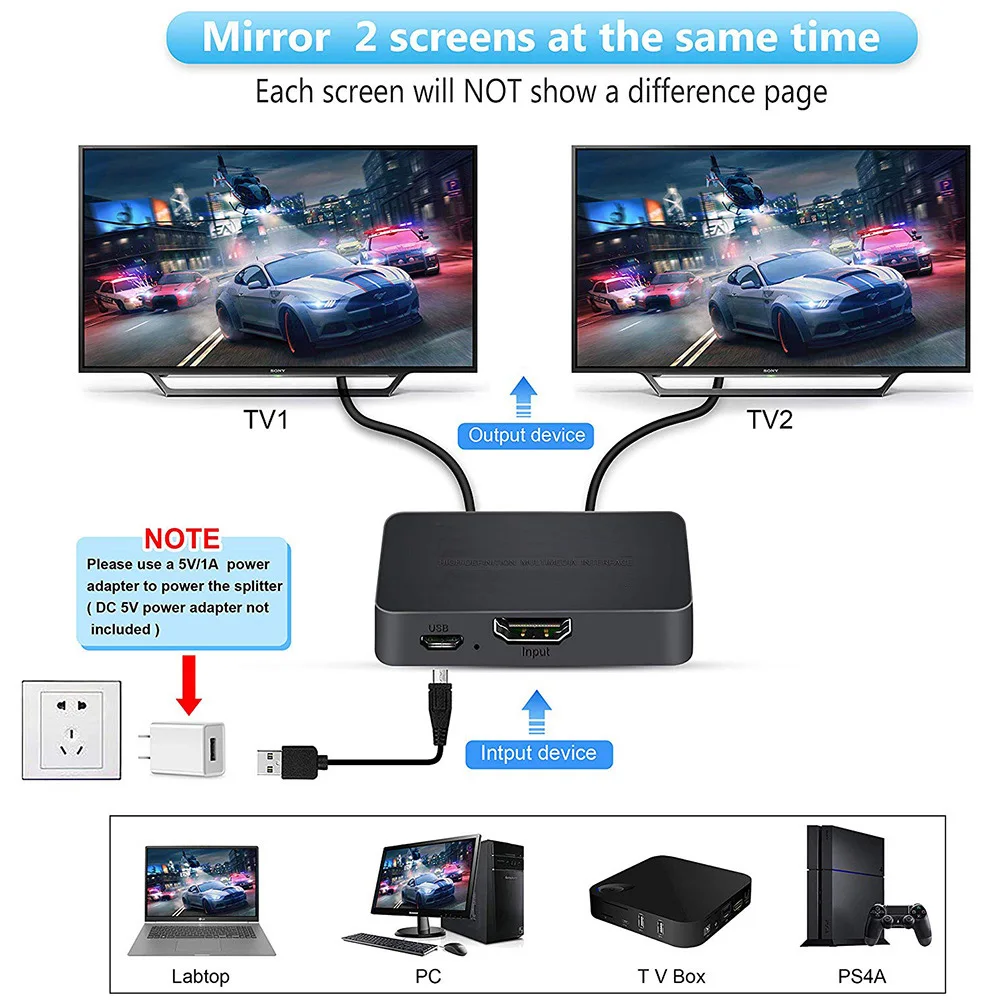 4K HDMI-compatible 1x2 Splitter Switch 1 in 2 Out Video Distributor Amplifier Dual Display for Box PC Monitor Projector Laptop thumbnail 4