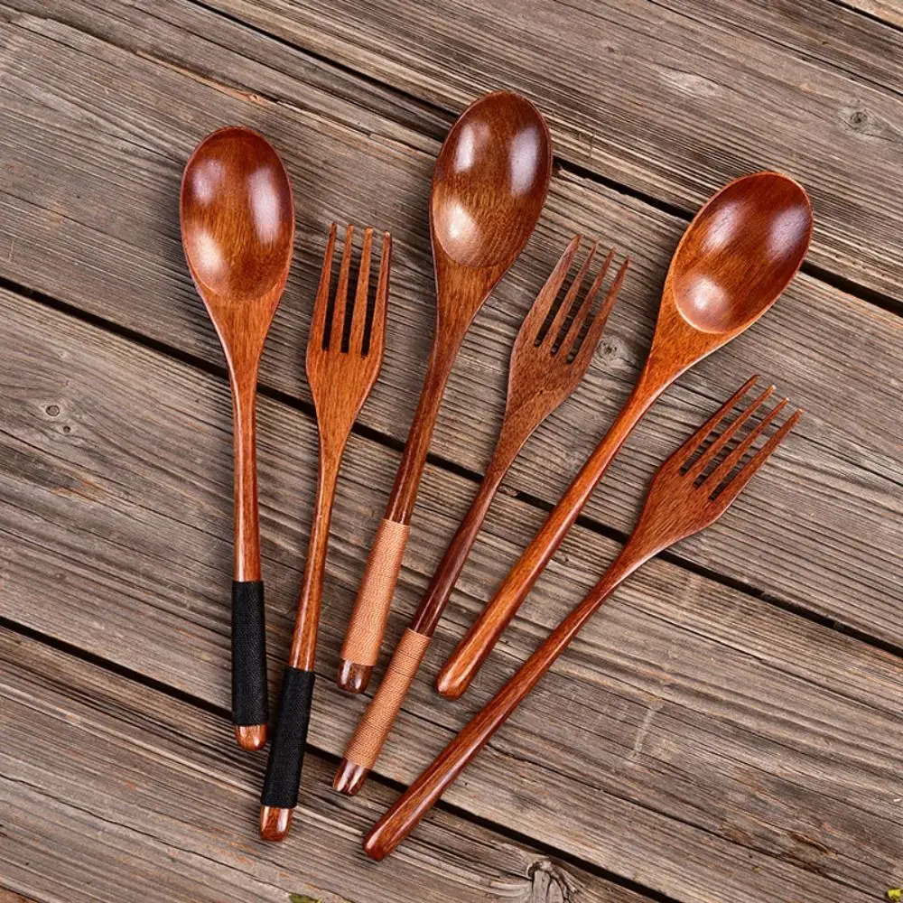 New Wooden Spoon Wooden Fork Utensil Cereal Fork Kitchen Accessories Kitchen Spoon Fork Dinnerware Cutlery Rice Soups Spoon