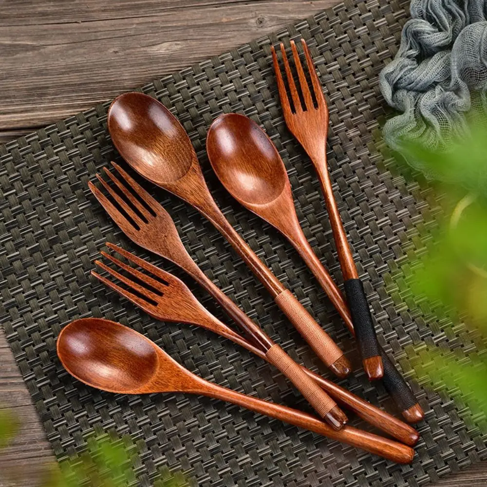 New Wooden Spoon Wooden Fork Utensil Cereal Fork Kitchen Accessories Kitchen Spoon Fork Dinnerware Cutlery Rice Soups Spoon thumbnail 2