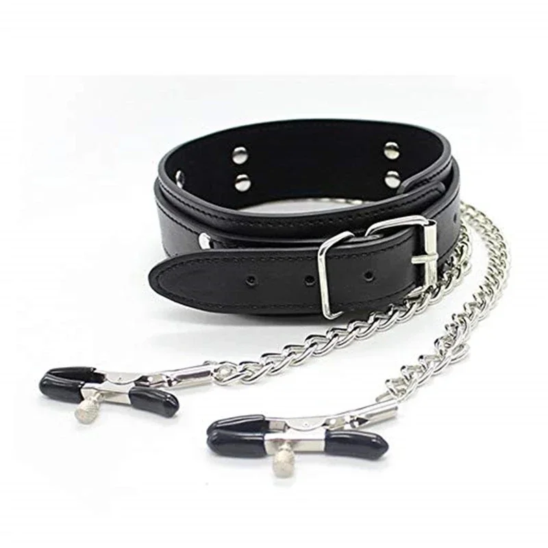 Sexy Leather Choker Collar With Nipple Clamp Breast Clip Chain SM Bondage Couple SM Sex Toys For Woman Erotic Tools Adult Games thumbnail 6