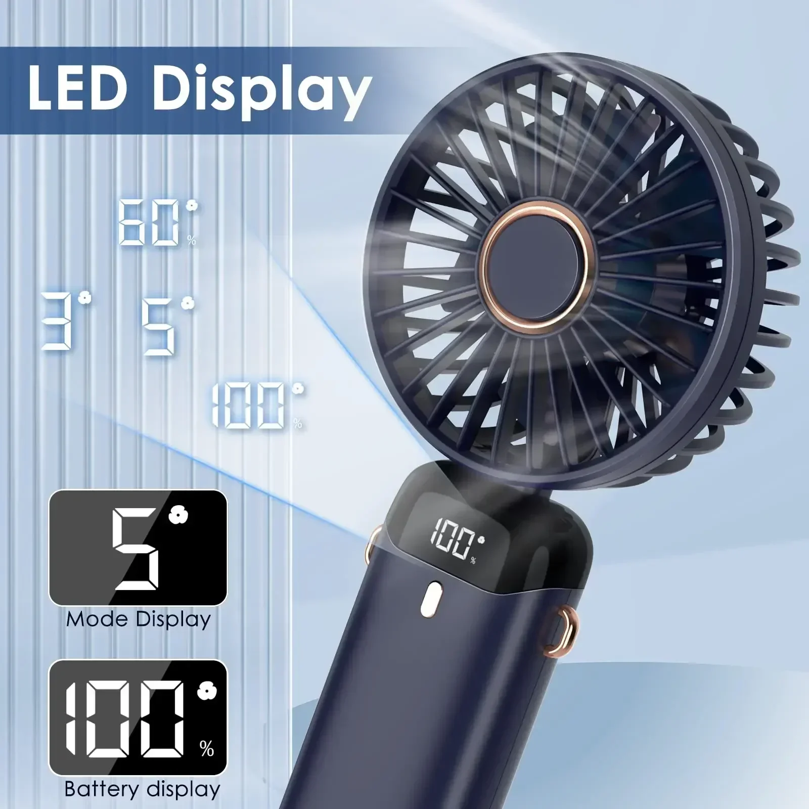 5000mAh Portable Fan Rechargeable 90° Foldable 5 Speed Mini Air Conditioner Small Fan Air Cooler with LED Digital Display thumbnail 2