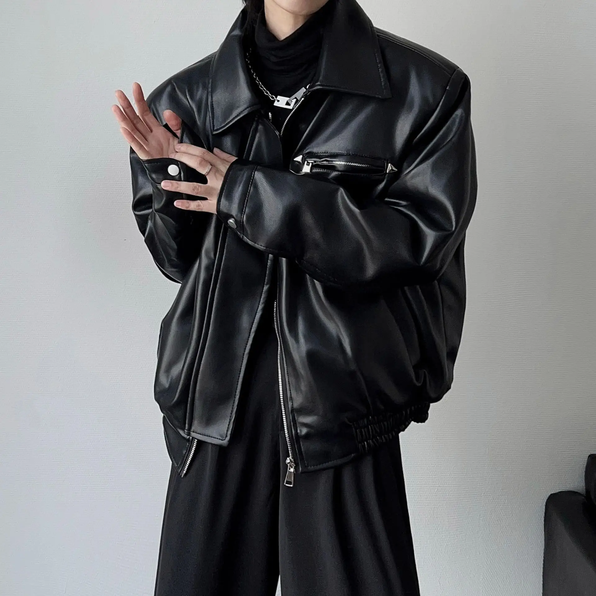 American PU Leather Coat Bomber Jacket Men Autumn Leather Jacket Men's Lapel Zipper Biker Jacket Men Clothing Coat Streetwear