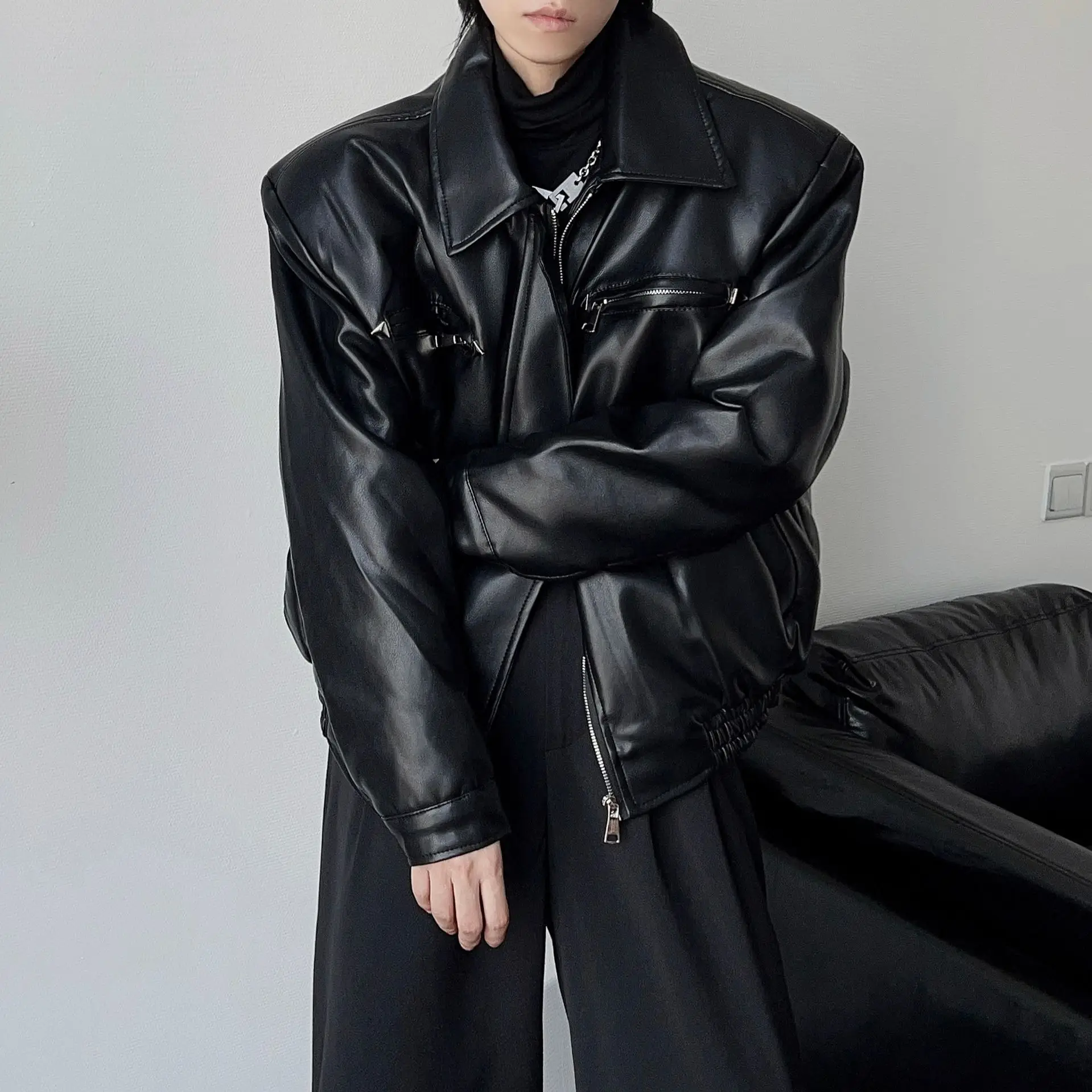 American PU Leather Coat Bomber Jacket Men Autumn Leather Jacket Men's Lapel Zipper Biker Jacket Men Clothing Coat Streetwear thumbnail 3