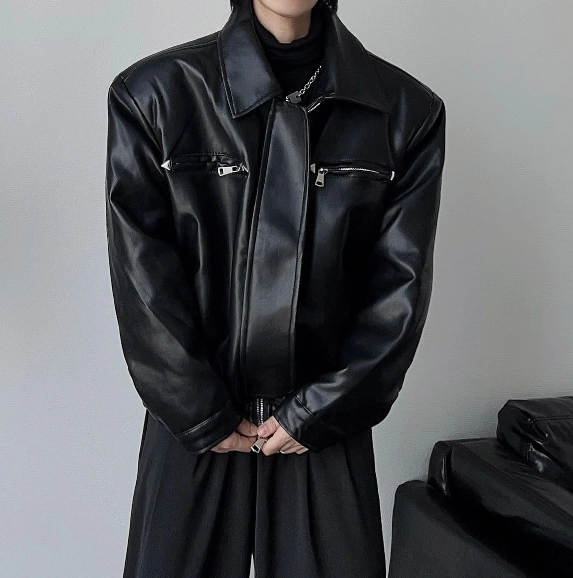 American PU Leather Coat Bomber Jacket Men Autumn Leather Jacket Men's Lapel Zipper Biker Jacket Men Clothing Coat Streetwear thumbnail 2