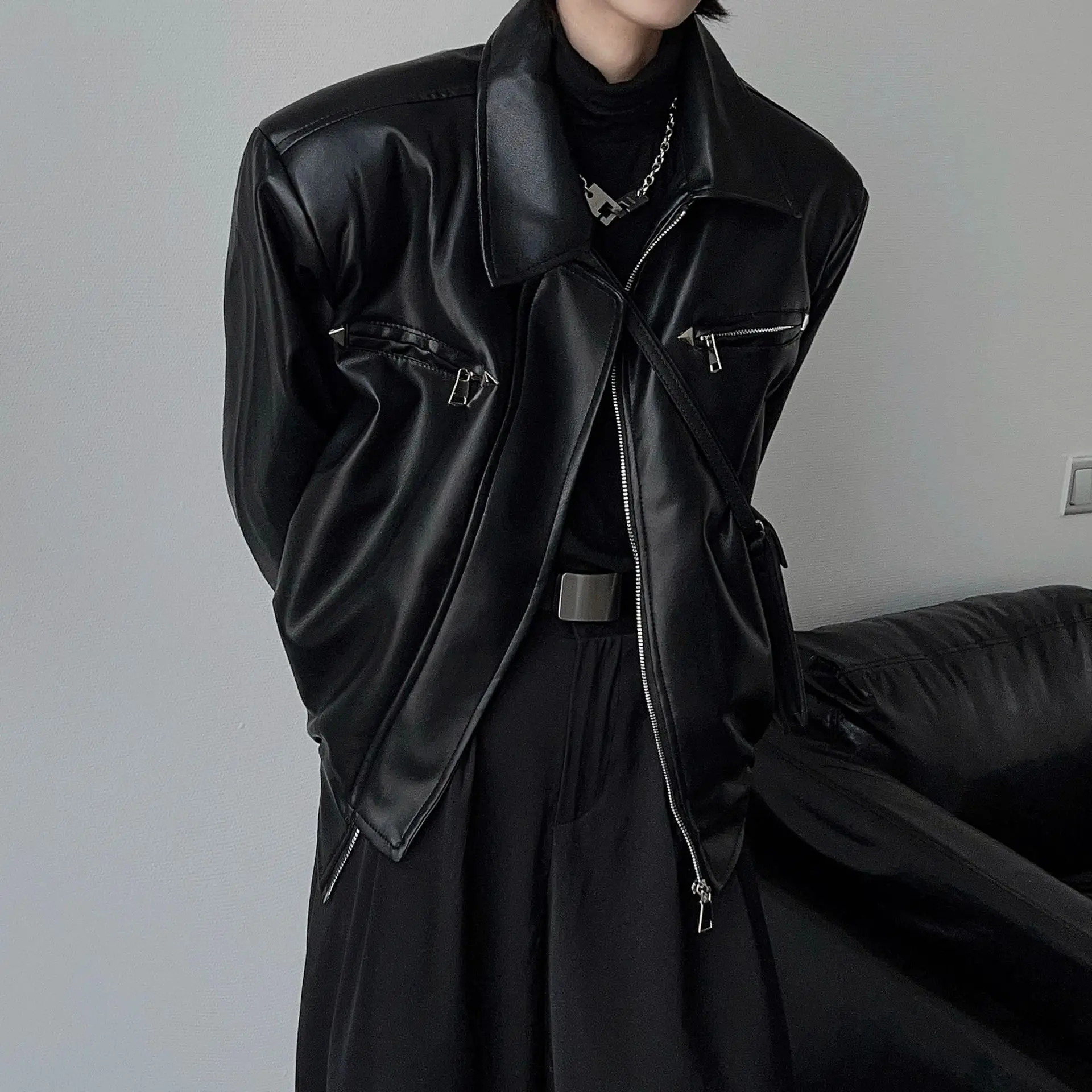 American PU Leather Coat Bomber Jacket Men Autumn Leather Jacket Men's Lapel Zipper Biker Jacket Men Clothing Coat Streetwear thumbnail 4