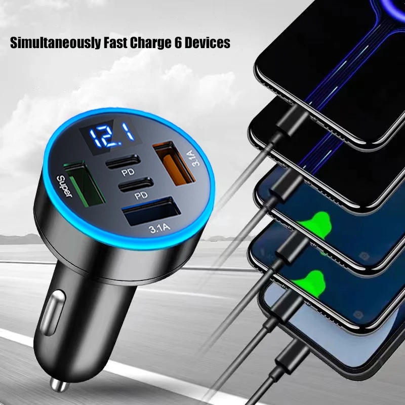 UYUXIO 5 in 1 USB Car Phone Charger Adapter with Voltage Display Dual PD Port Super Fast Charge for iPhone Samsung Huawei OPPO thumbnail 3