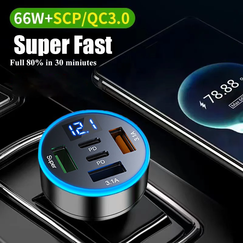 UYUXIO 5 in 1 USB Car Phone Charger Adapter with Voltage Display Dual PD Port Super Fast Charge for iPhone Samsung Huawei OPPO thumbnail 2