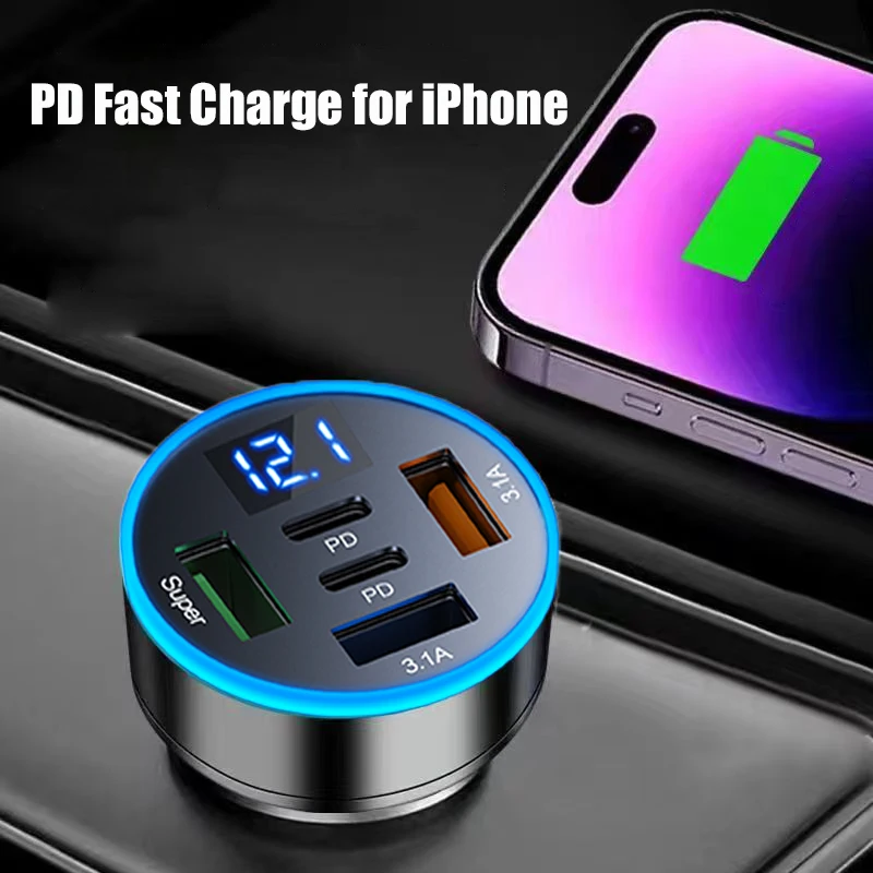 UYUXIO 5 in 1 USB Car Phone Charger Adapter with Voltage Display Dual PD Port Super Fast Charge for iPhone Samsung Huawei OPPO thumbnail 5