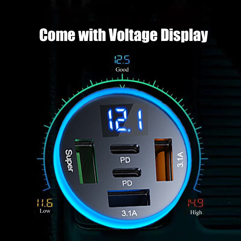 UYUXIO 5 in 1 USB Car Phone Charger Adapter with Voltage Display Dual PD Port Super Fast Charge for iPhone Samsung Huawei OPPO thumbnail 4