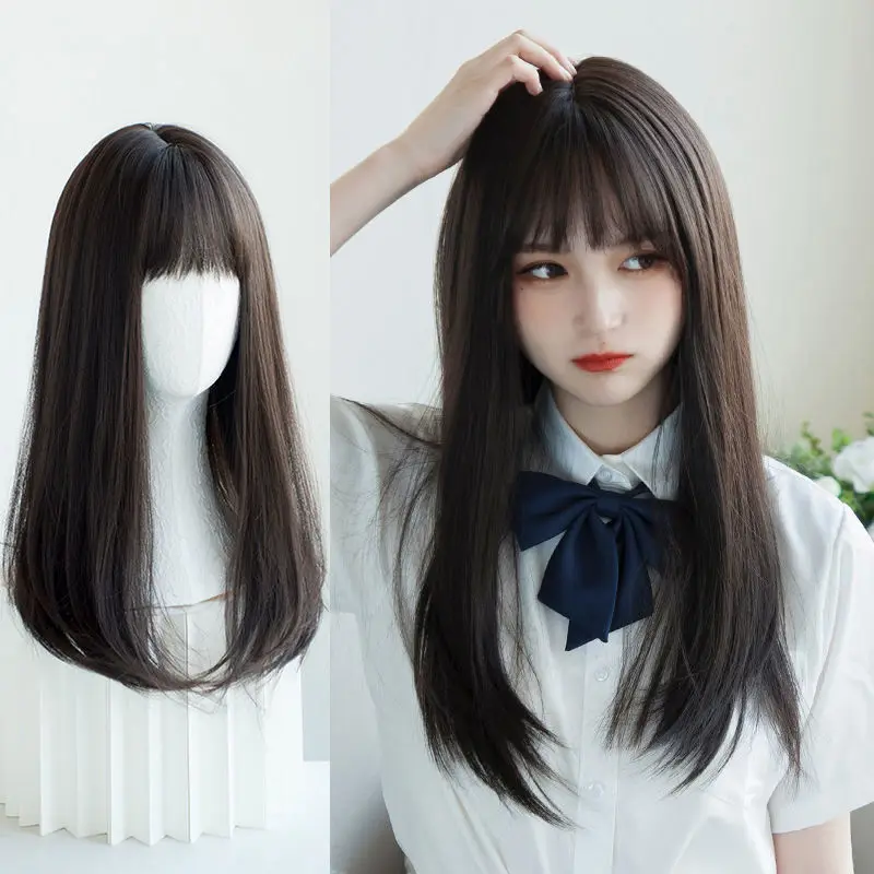 Korea Hair Extensions Synthetic Cute JK Girl Cosplay Air Bangs Wig Breathable Head Cover 50cm Long Straight Wig Hat for Women thumbnail 2