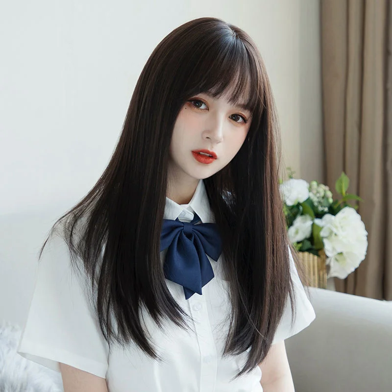 Korea Hair Extensions Synthetic Cute JK Girl Cosplay Air Bangs Wig Breathable Head Cover 50cm Long Straight Wig Hat for Women thumbnail 3